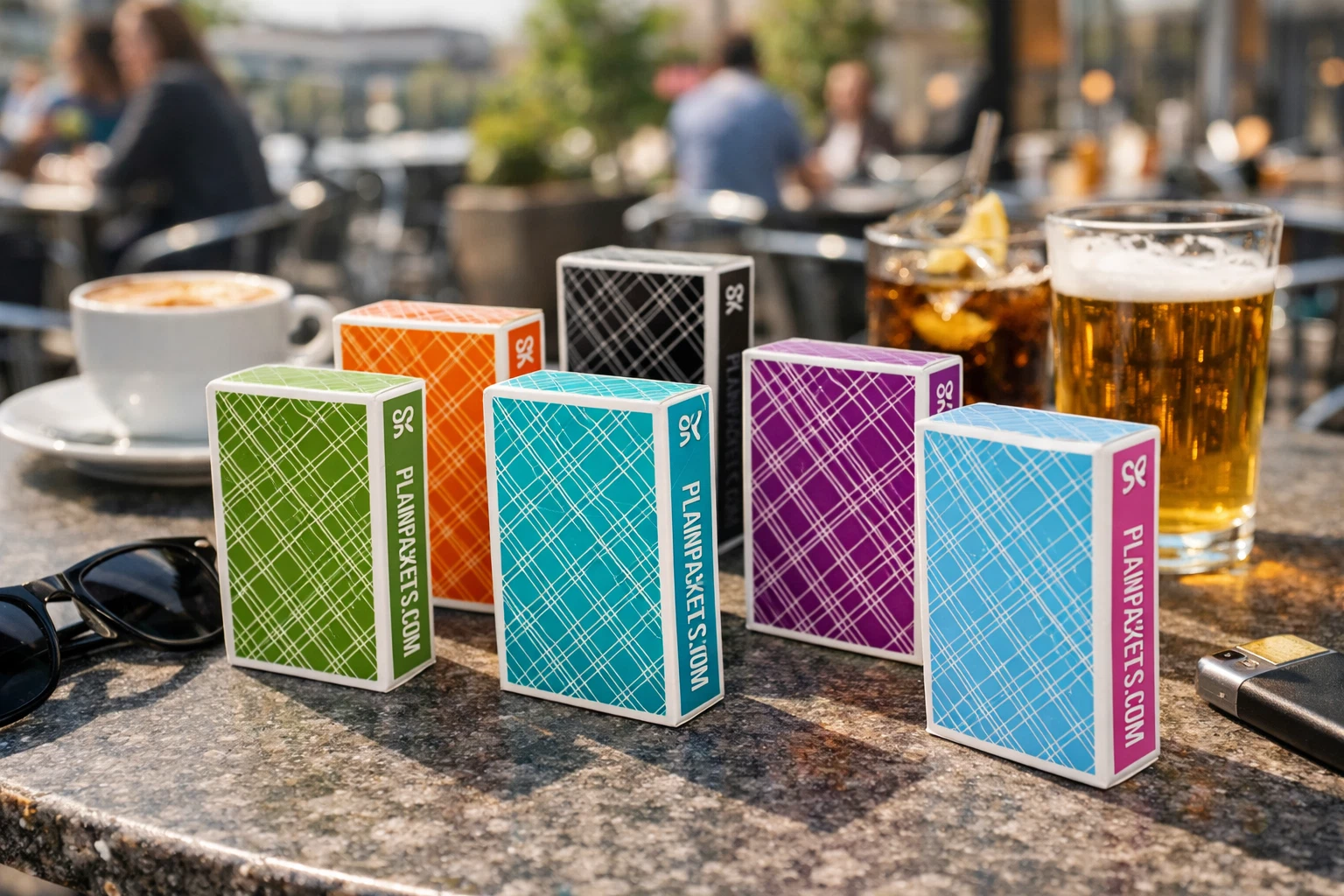 A selection of green, orange, black, turquoise, purple and light blue Plain Packets covers